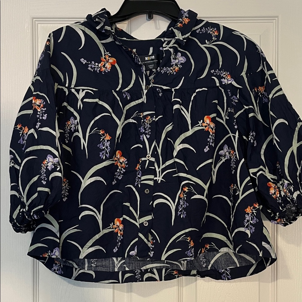 Maeve by Anthropologie Floral Navy Button Down Large EUC